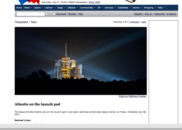 Screenshot of Galveston Daily News inside web page on July 9, 2011